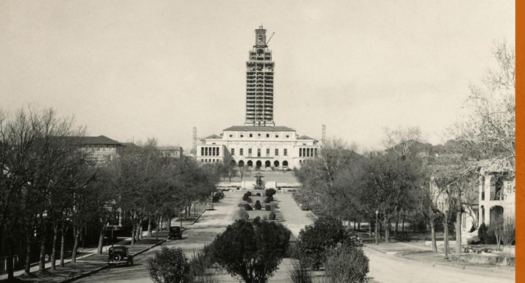 UT Tower construction from 19th Street looking up University Avenue 1937