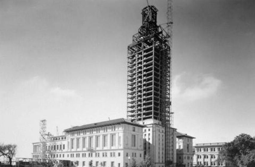 黑色的 & white photo of UT Tower construction